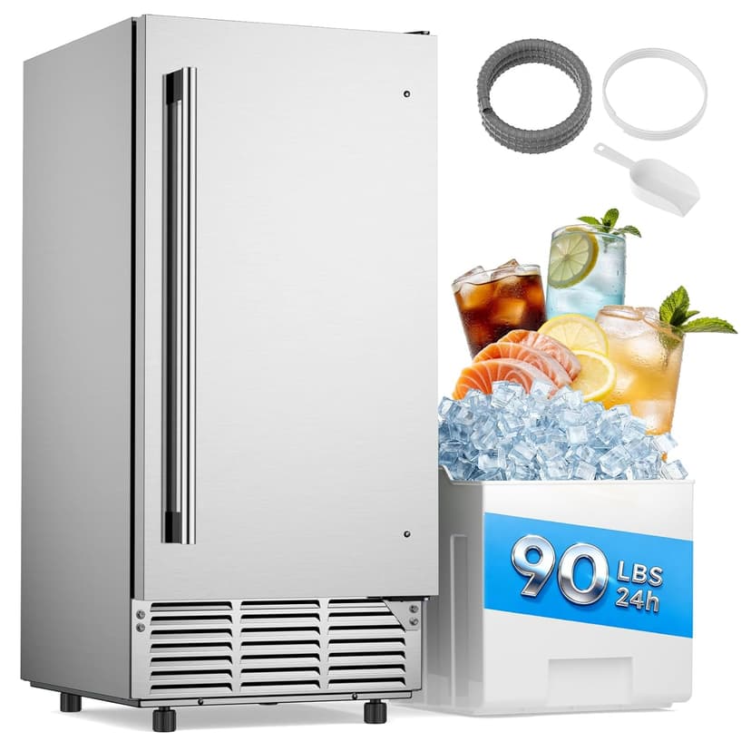Mojgar Under Counter Ice Maker Machine - 90Lbs/24H, 35Lbs Storage Bin, Freestanding & Bulit-in Commercial Ice Maker | Self-Cleaning | Reversible Door | Commercial Ice Machine | Full Stainless Steel