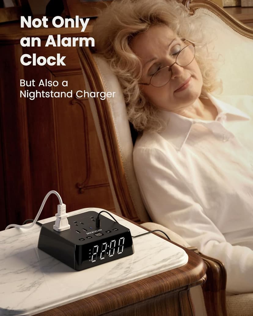 JACKYLED Alarm Clock with 4 USB Chargers Power Strip 3 Outlets 1700J Surge Protector Nightstand Dimmable Digital Clock with Dual Alarm and Snooze Function for Bedroom, Full Screen LED Display