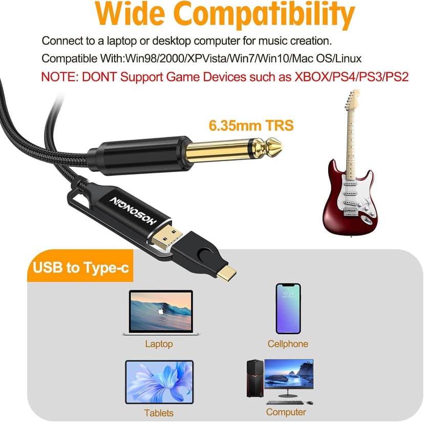 HOSONGIN USB Guitar Cable, Dual USB-C and USB-A Connectors, 16-bit/48kHz High-Fidelity Audio Adapter for Electric Guitar/Bass, Compatible with GarageBand, Audacity, and MacBook, 10 Feet