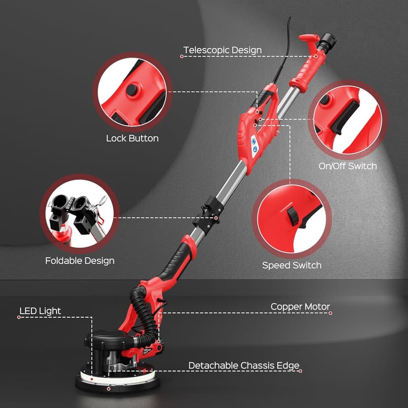 Drywall Sander, 2025 Upgraded 8-Amp Popcorn Ceiling Removal Tool with 7 Variable Speed 800-1800RPM, Drywall Sander with Vacuum Dust Collector with Extendable Handle, LED Light, 12pcs Sanding Discs,Red