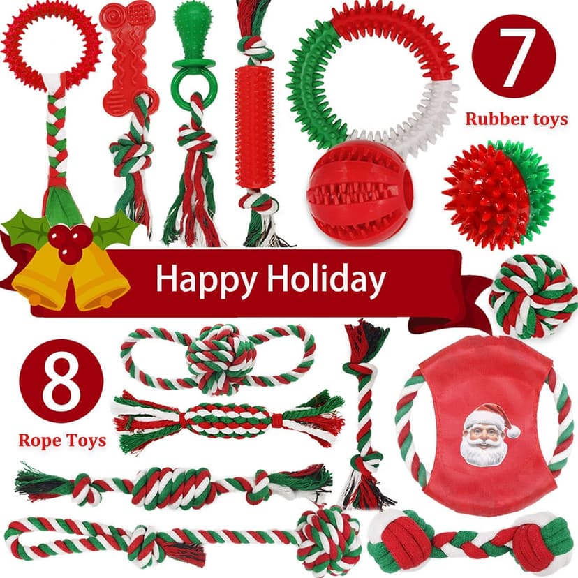 Beiker Christmas Dog Toys Bulk 15 Pack, Puppy Chew Toys for Teething Small Medium Puppies, Holiday Christmas Themed Presents Gifts Box Including Variety Tough Rubber and Rope Toys B0DG8WK4KW