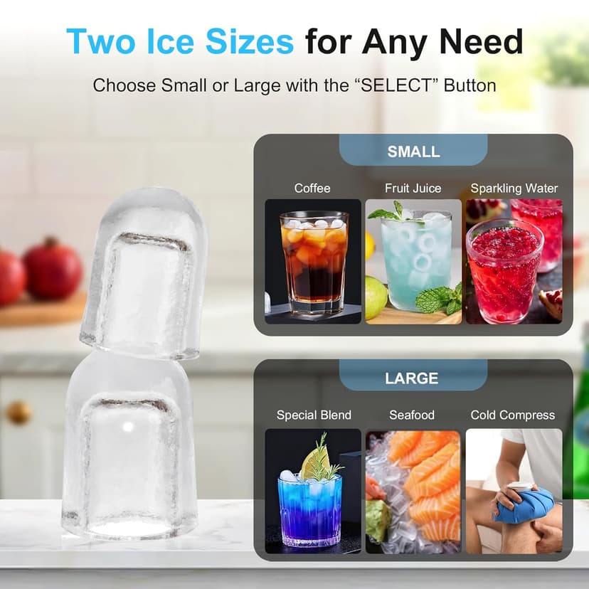 Kismile Countertop Ice Maker, Portable Ice Maker Machine 26lbs/24H, Dual Water Tank Design, Small & Large Bullet Ice, Self-Cleaning, Internal Lighting for Home Kitchen, Office & RV