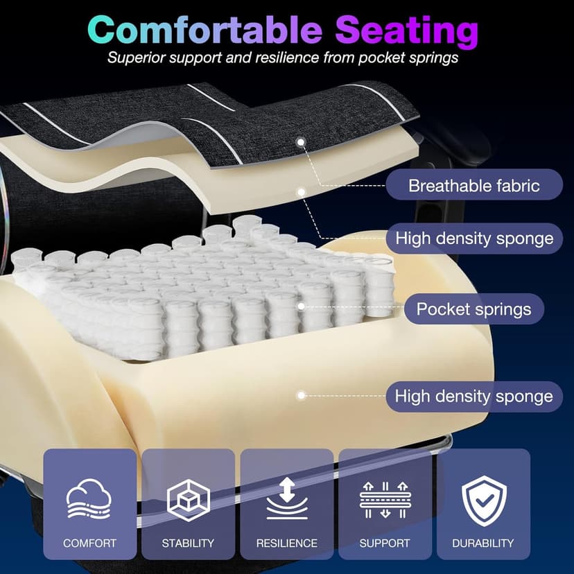 HOFFREE RGB Gaming Chair with Music Rhythm LED Lights and Bluetooth Speakers Fabric Ergonomic Game Chair 155° Reclining Computer Chair with Footrest Video Game Chairs for Adults Gaming & Office Black