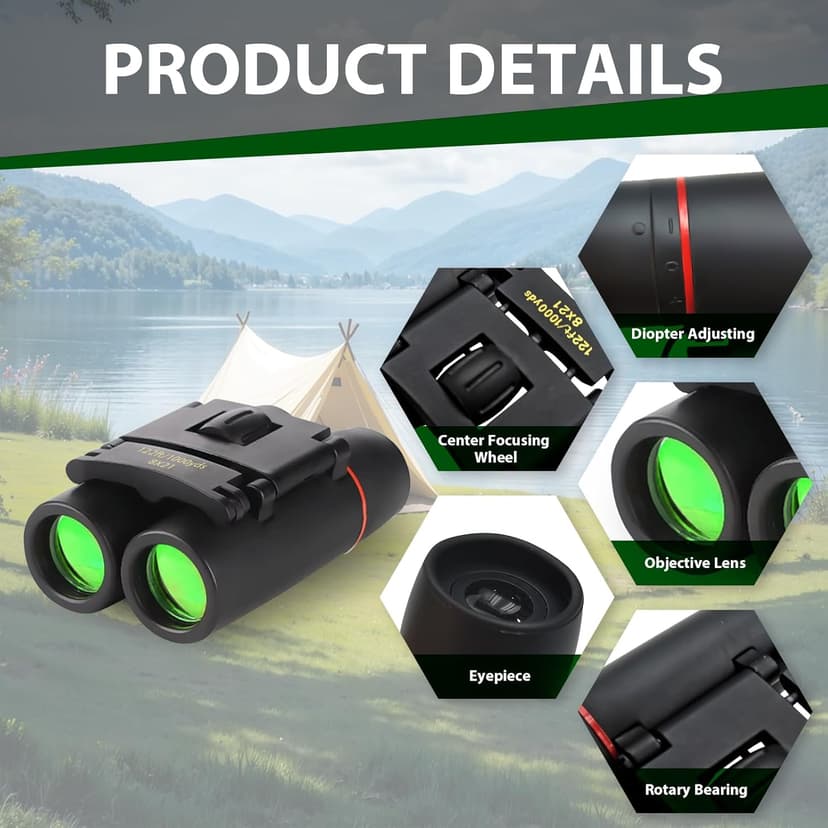 Binoculars for Adults and Kids, High Powered Portable & Compact Binoculars, for Bird Watching, Cruise Ship, Travel, Hunting Essentials (Black, 8×21)