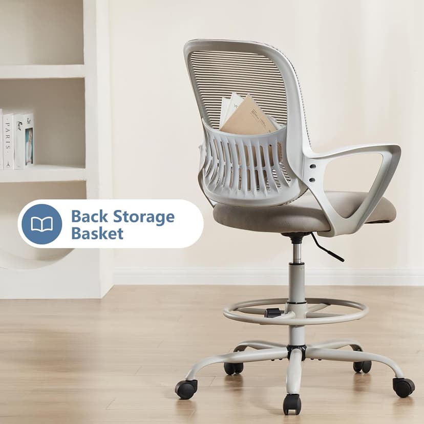 DUMOS Drafting Chair - Ergonomic Tall Office for Standing Desk, Counter with Height Adjustable and Comfortable Lumbar Support, Fixed Armrests, Grey