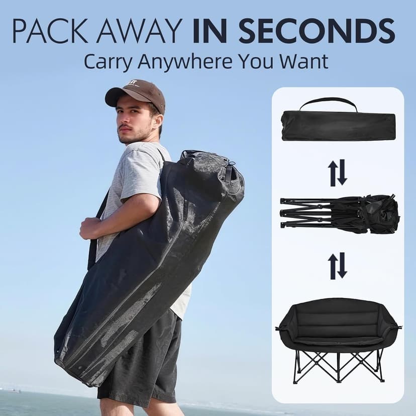 Double Camping Chair Loveseat - 2 Person Oversized Camping Couch for Adults Padded Heavy Duty Outdoor Lawn Beach Portable Folding Chairs with Cup Holders and Carry Bag Support 600lbs, Black/Grey