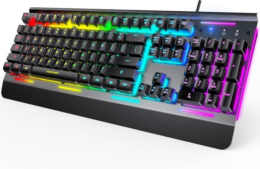 TECKNET Gaming Keyboard, USB Wired Computer Keyboard, 15-Zone RGB Illumination, IP32 Water Resistance, 25 Anti-ghosting Keys, All-Metal Panel (Whisper Quiet Gaming Switch)