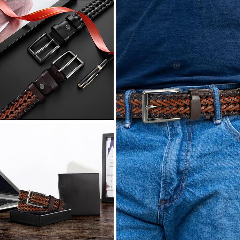 YOORAN Leather Braided Belts Men Golf Belt 1 3/8" Woven Belt Casual Jeans Gift Box