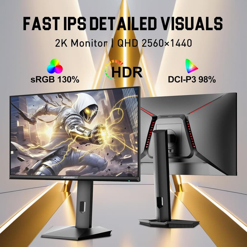 SANSUI 24.5 Inch Gaming Monitor QHD 1440P 300Hz 240Hz, 1ms Fast IPS Computer Monitor, 2× HDMI 2.1 Up to 300Hz, 2× DP 1.4 Up to 300Hz, 130% sRGB Eye Care VESA Support (DP Cable Included ES-G25F6Q Pro)