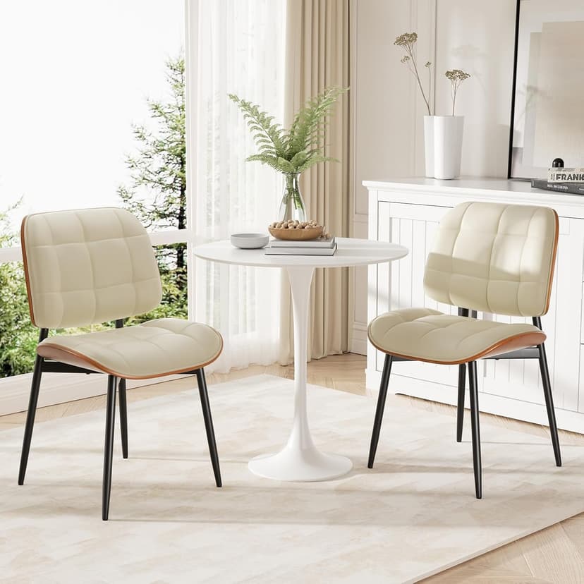 Dining Chairs Set of 2, Mid Century Modern Dining Room Chair with Thick Cushion, Upholstered Faux Leather Kitchen Chairs with Walnut Bentwood Back for Kitchen Dining Room, Beige