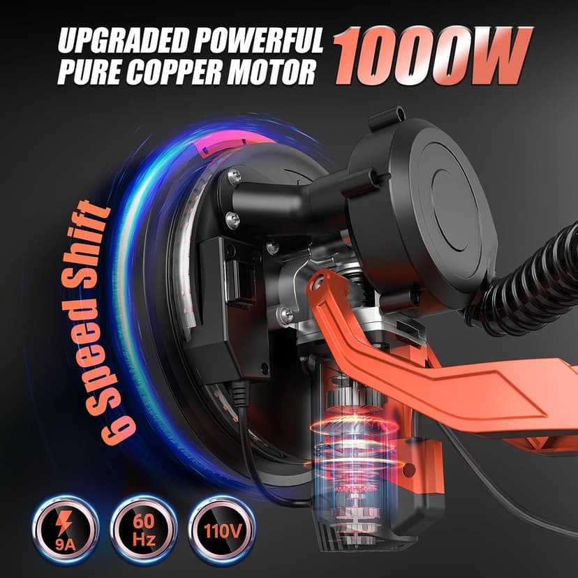 1000W Drywall Sander, Electric Drywall Sander, Popcorn Ceiling Removal Tool with Vacuum Dust Collection, 6 Variable Speed, Foldable Telescopic Handle