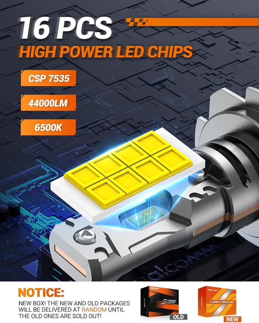 SEALIGHT h7 LED Bulb, 44,000LM 6500K Output Canbus Ready, 900% Brighter H7 Bulbs For Powersports IP68 80000Hrs Lifespan, 1：1 Size 3Mins Installation, 2 Pack