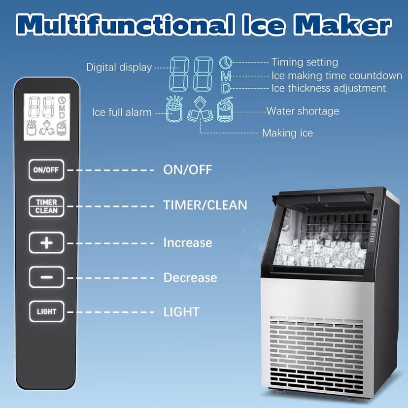 Commercial Ice Maker, 100lbs/24H with 20Lbs Storage, 36 Cubes in 11Mins, Stainless Steel Freestanding & Under Counter Large Ice Machine with LCD Display, Self-Cleaning for Home Bar Restaurant