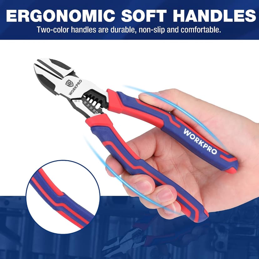 WORKPRO 2-in-1 Diagonal Cutting Pliers with Wire Stripper, 7.5 Inch CRV Steel Wire Cutters with Comfort Grip Handles, Heavy Duty Side-Cutting Pliers for Electricians and Homes, Christmas Gift B0BKKF5HVL