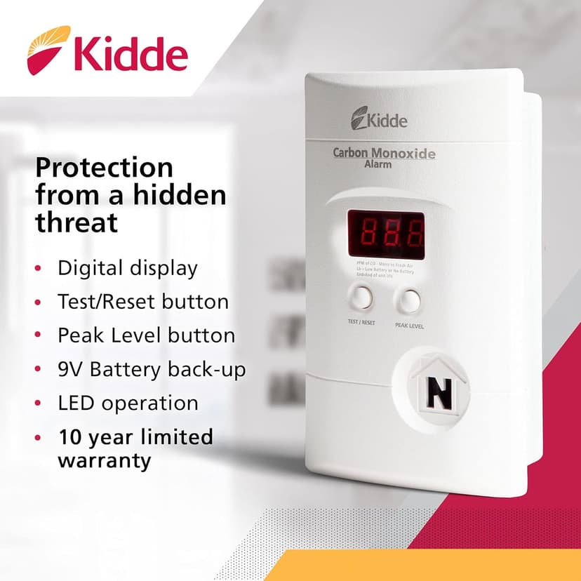 Kidde Carbon Monoxide Detector, Plug-In with 9V Battery Backup, Digital Display, 85 dB Alarm, LED Status Light Indicators, 3rd Edition