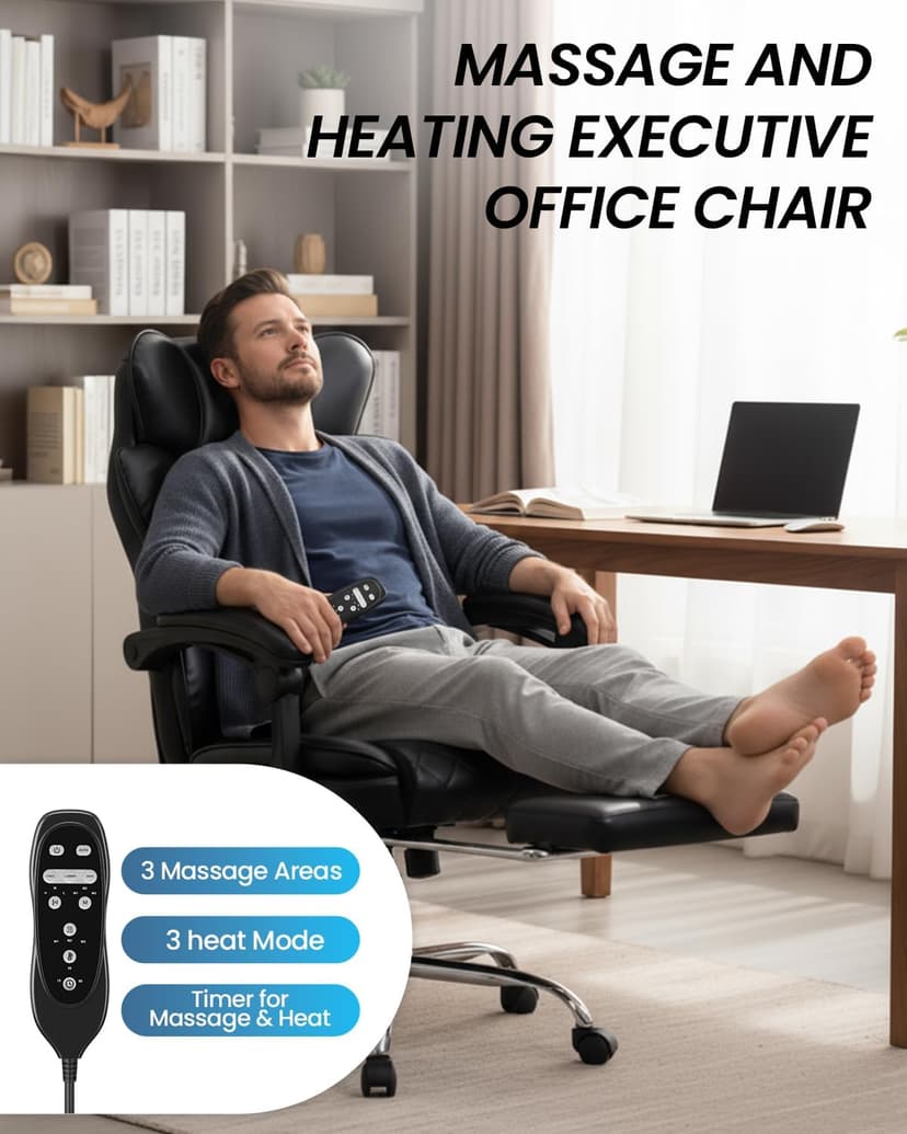 500LBS Massage Office Chair with Foot Rest, 6 Points Vibration and Heat Home Office Desk Chairs, 22.05” Wide Big and Tall Office Chair for Heavy People, Ergonomic Reclining Gaming Chairs, Black