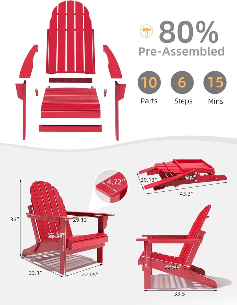 BUPPLEE Folding Adirondack Chair, 450 LBS Heavy Duty HDPE Poly Lumber Fire Pit Chair for Outside, All-Weather Resistant Plastic Adirondack Chairs for Patio, Garden, Deck & Backyard, Red