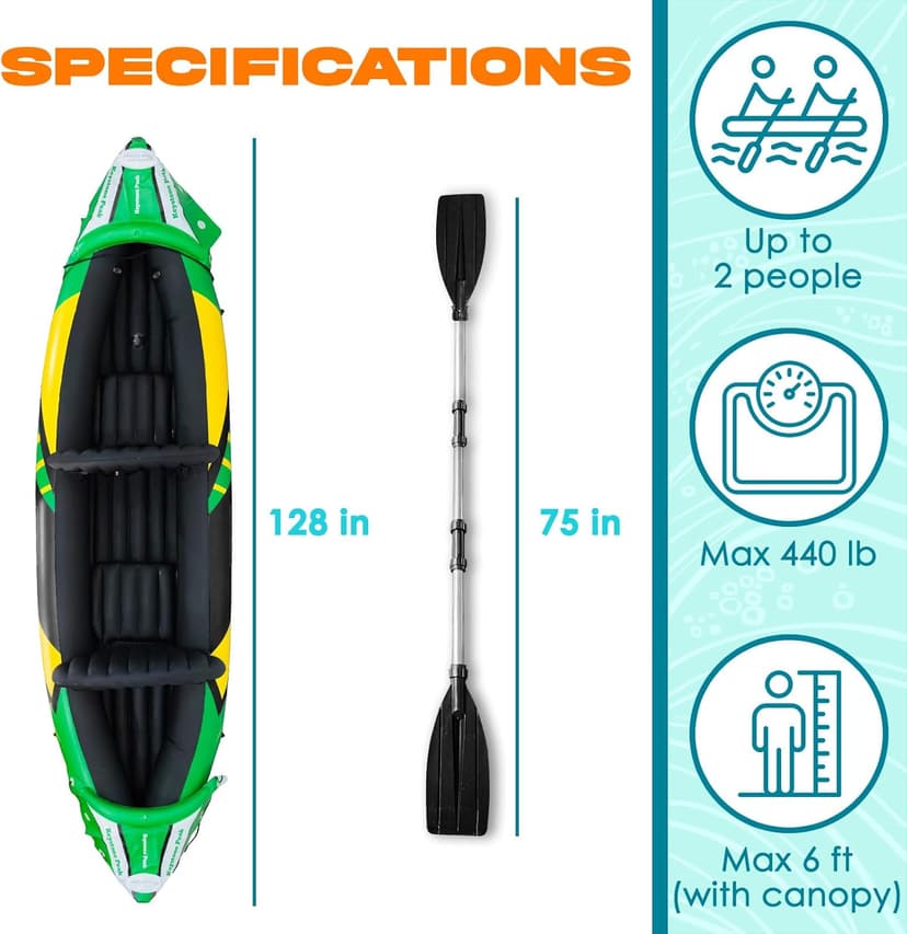 Inflatable Kayak 2 Person with Detachable Sun Canopy – Heavy-Duty Tandem Kayak for Adults – Reinforced Paddles, Waterproof Phone Bags, Adjustable Seats, Extra Seat for Dog or Child