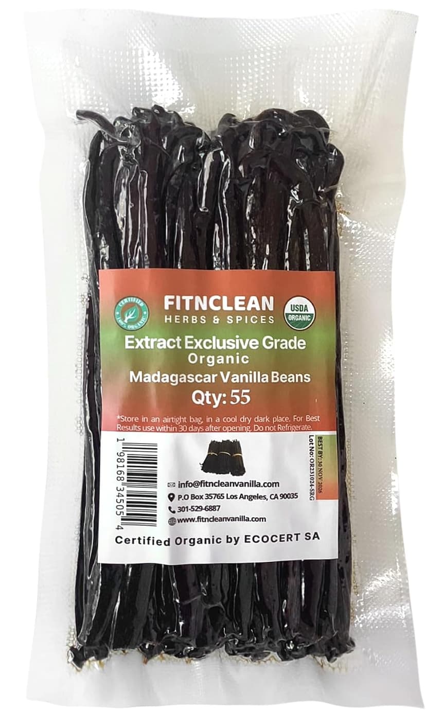 55 Organic Madagascar Vanilla Extract Exclusive Grade B Beans| 4" - 5" by FITNCLEAN VANILLA| Certified USDA Organic. Bulk Dry Whole Bourbon NON-GMO Pods B0DBZBR2MW