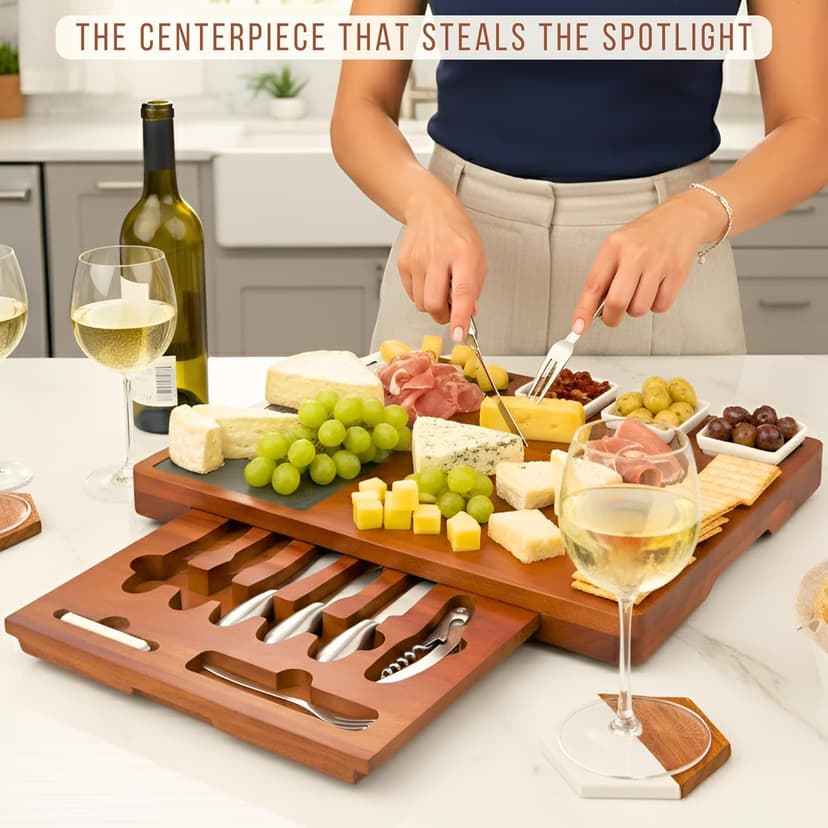 Personalized Acacia Wood Charcuterie Board Set with Stainless Steel Knives – Custom Cheese Board Gift for Wedding, Christmas, Housewarming, Bridal Shower, Anniversary, Women and Couples, Gifts for Her