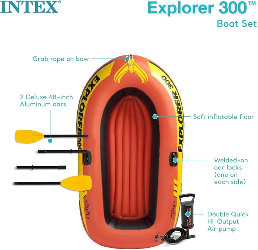 INTEX Explorer Compact Inflatable Boat Series: Dual Air Chambers – Welded Oar Locks – Grab Handles – Bow Rope – Sporty Design