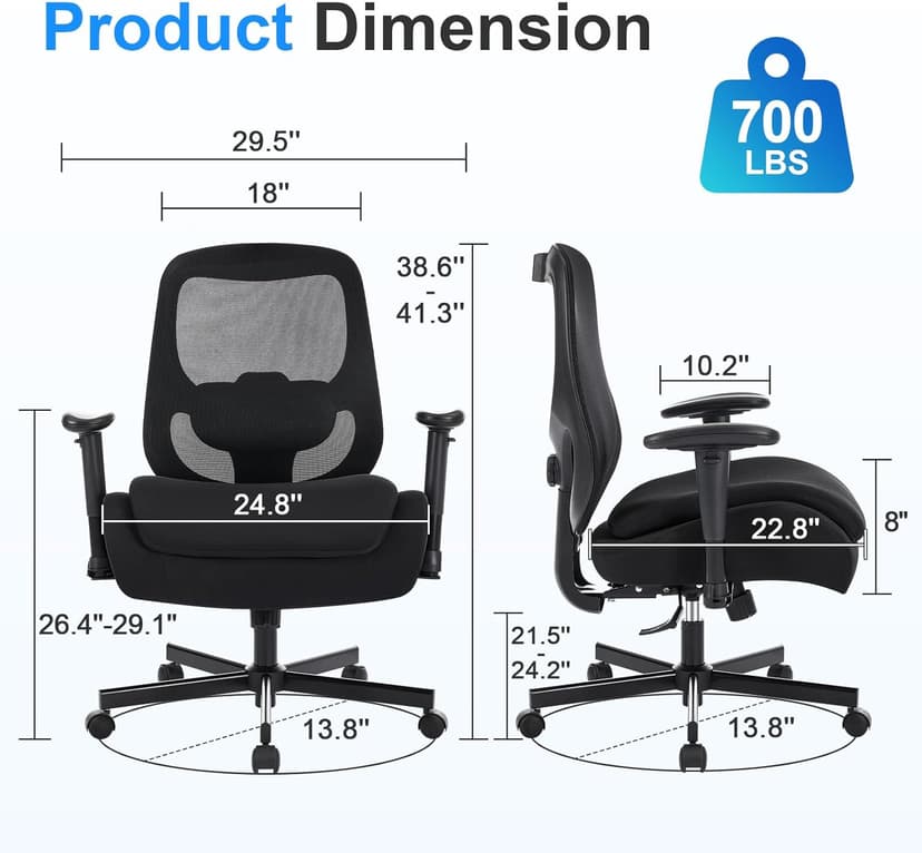 BOSMILLER Big and Tall Office Chair with Wide Thick Seat Cushion for Heavy People,700lbs Ergonomic Mesh Desk Chair with Adjustable Lumbar Support and Armrests for Adults Sitting All Day