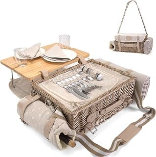 Multifunctional Wicker Picnic Basket Set for 2 with Blanket and Picnic Table, Insulated Picnic Set with Full Tablewares for Camping Outdoor Couples, Flowers B0D4Q11DMV