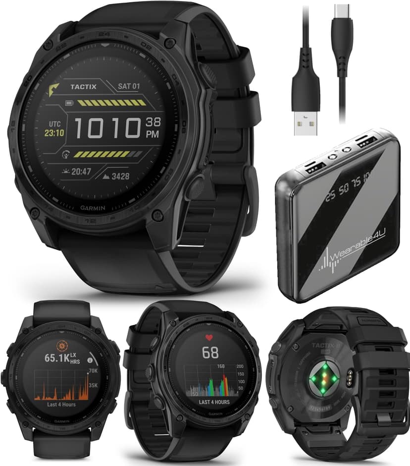 Garmin Tactix 8, 51mm Solar, Elite, Titanium Bezel, Sapphire Lens, Premium Tactical GPS Smartwatch, Includes Applied Ballistics Ultralight Elite Solver, 40M Dive Rating w/Wearable4U PowerBank Bundle