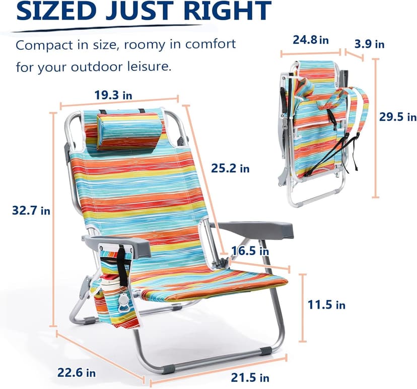 PASAMIC Backpack Beach Chair for Adults Portable, Lay Flat Reclining Beach Chair with 5 Positions, Tall Heavy Duty Folding Chairs with Cup Holder, Cooler Pouch, Towel Bar, Multicolor Stripe
