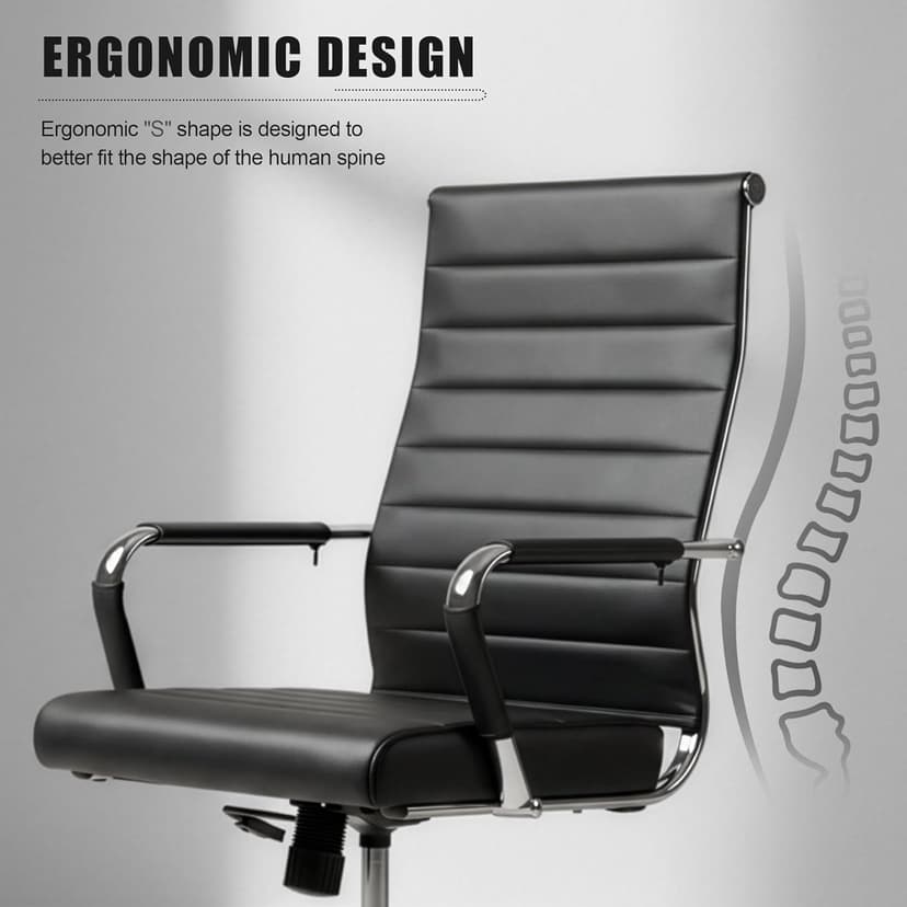 Okeysen Office Desk Chair, Ergonomic Leather Modern Conference Room Chairs, Executive Ribbed Height Adjustable Swivel Rolling Chair for Home Office. (Black)