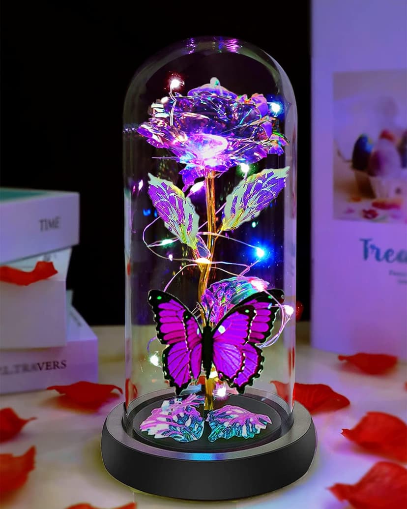 Christmas Rose Gifts for Women, Womens Gifts for Christmas Mom Sister Grandma Wife Her,Galaxy Crystal Light Up Rose Flower in A Glass Dome,Birthday Gifts for Women Butterfly Valentines Presents Purple