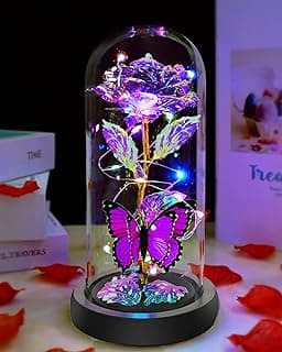 Christmas Rose Gifts for Women, Womens Gifts for Christmas Mom Sister Grandma Wife Her,Galaxy Crystal Light Up Rose Flower in A Glass Dome,Birthday Gifts for Women Butterfly Valentines Presents Purple