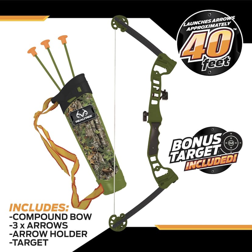 NKOK Realtree Jr. Compound Bow Set; PVC Tipped Suction Cup Arrows Can Be Propelled Up to 40 Feet; 3 Arrows and Target; Red LED Scope; Age 6+