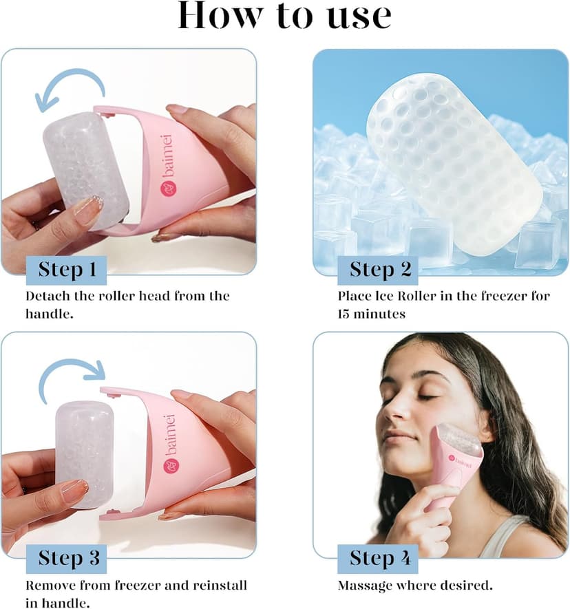 BAIMEI IcyMe Ice Roller for Face and Gua Sha Facial Tool Set, Ice Face Roller Reduces Puffiness Relieves Migraines Skin Care Tools, Self Care Gift for Women - Pink