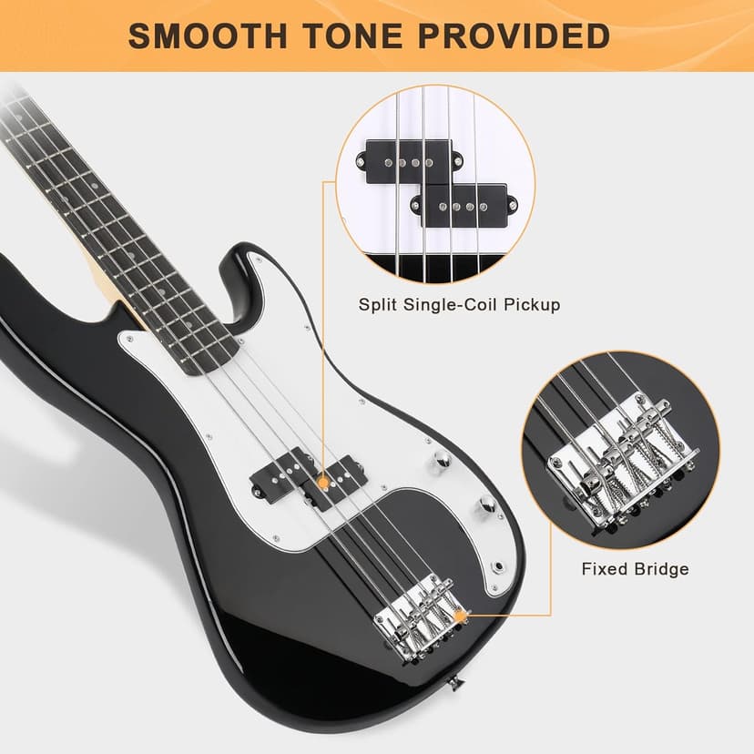 GLARRY Full Size Electric Bass Guitar Beginner Kit 4 String Exquisite Basswood Bass with 20W AMP, Cable, Strap, Bag and Accessories (Black, 39"Right Handed)
