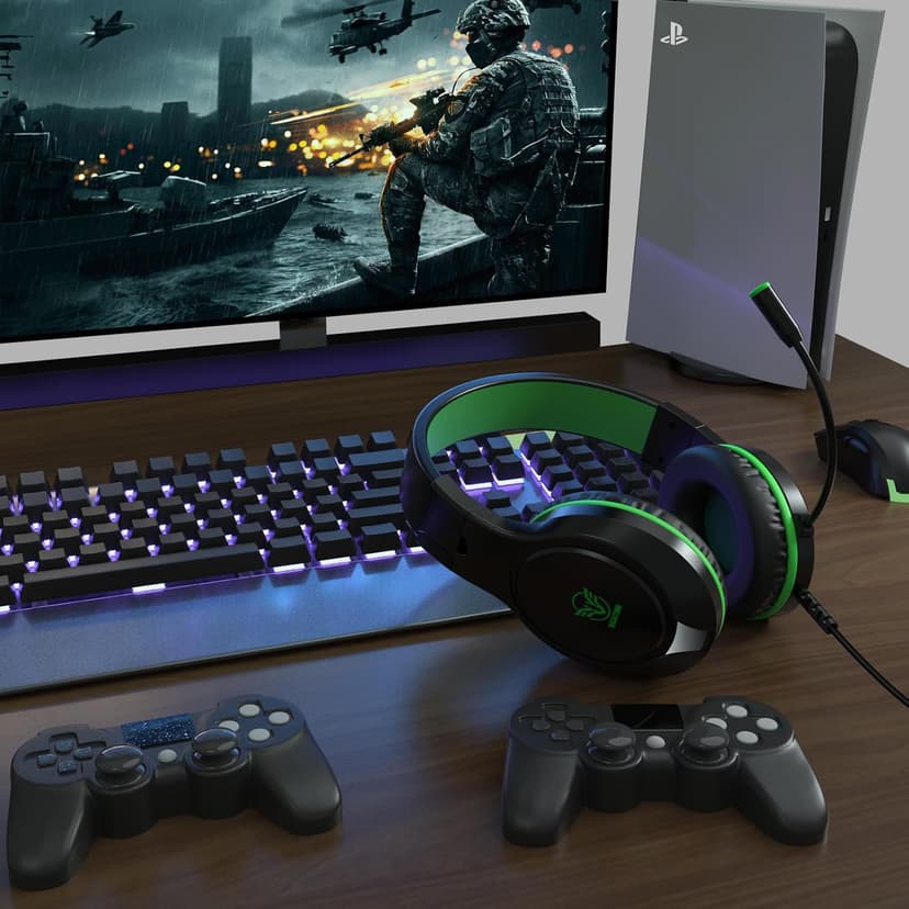 H-10 Gaming Headset for PS4, Xbox One, PC, PS5, Nintendo Switch, Stereo Wired Noise Cancelling Over Ear Headphones with Mic for Kids Adults, Bass Surround, Soft Memory Earmuffs, Green