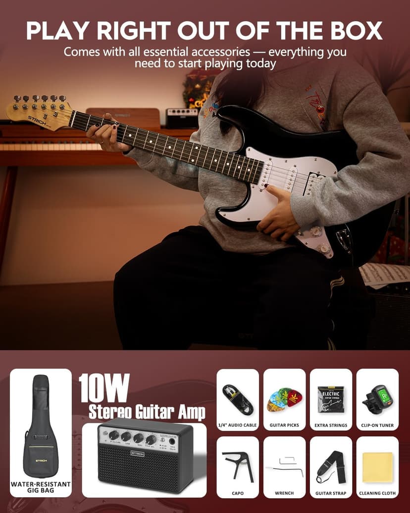 STRICH Electric Guitar Left Hand Beginner Kit, Solid Body 39" Electric Guitar HSS Pick Up for Starter, with 5W x 2 Amp, Bag, Digital Tuner, Capo, Strap, String,Cable, Picks, SST-S20L Black