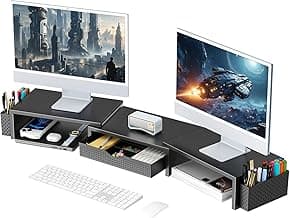 gianotter Dual Monitor Stand Riser, Desk Organizer With Drawer and 2 Pen Holders, Computer Monitor Stand, Desk Shelf for Top of Desk (Black)