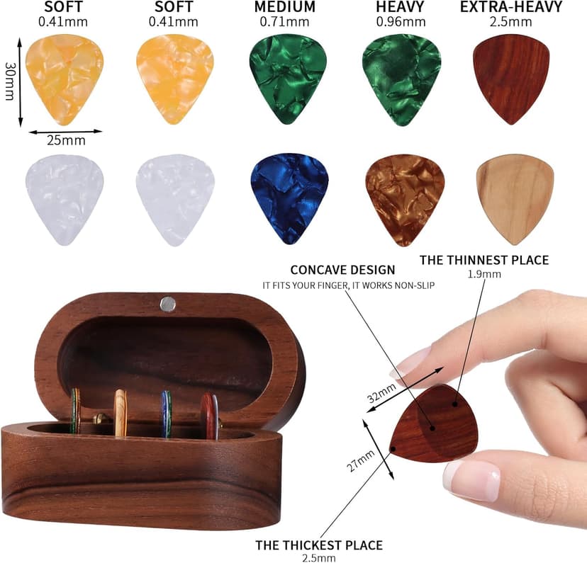 Walnut Guitar Plectrum Holder Set with 2 Color Wood Plectrums and 8 Celluloid Plectrums (4 Thicknesses),Mini Jewelry Box,Brown Wooden Trinkets,Box Size 3.35 * 1.77 * 1.57 inch (Wood color)