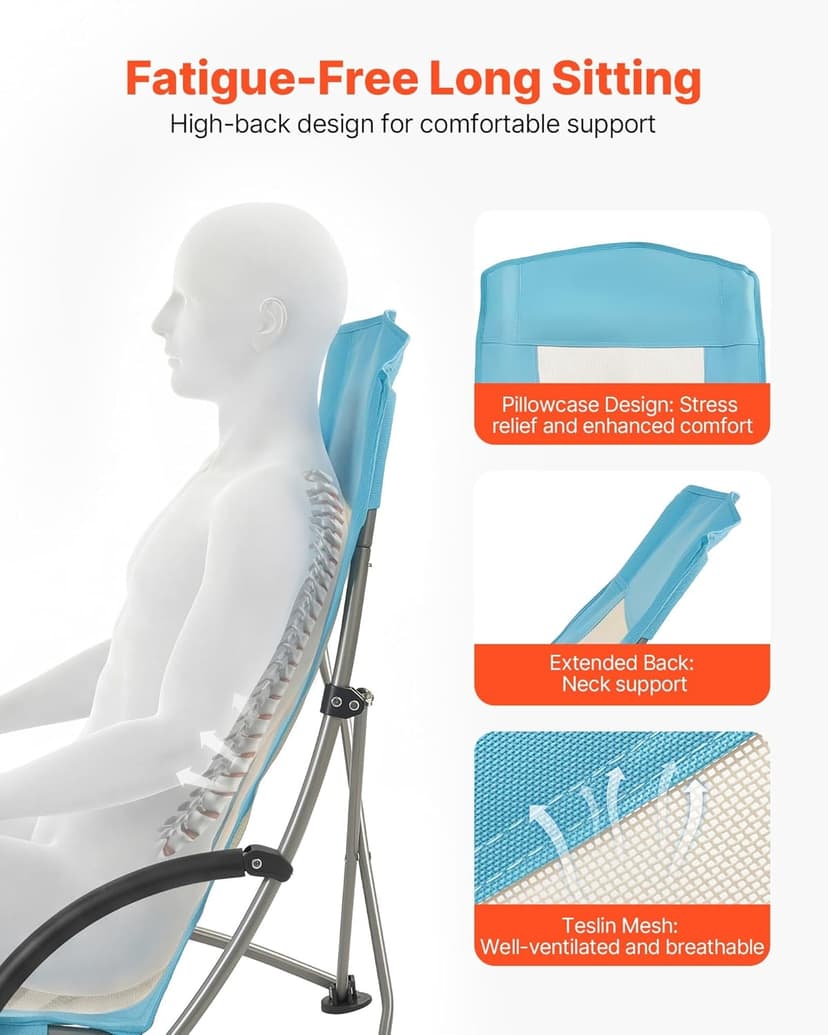 VEVOR Folding Beach Chair, High Back Camping Chairs for Adults, with Cup Pocket, Mesh Back, Carry Bag, Portable Extra Wide Seat Chair 330 lbs Heavy Duty Support, for Outdoor, Camp, Light Blue