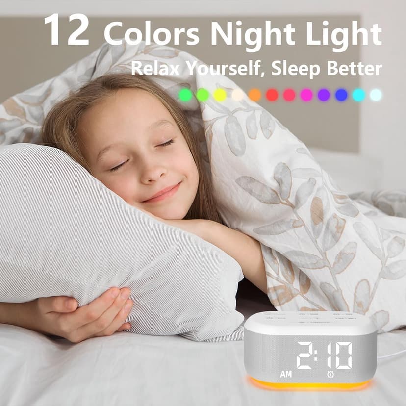 Small Digital Alarm Clock for Bedrooms Sound Machine with 30 Soothing Sound Plug in Bedside Clock with Night Light Noise Machine Battery Backup 15 Wake up Sound Clock for Teen Kid Heavy Sleeper Snooze