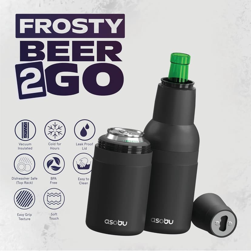 Asobu Frosty Beer Holder,2 Go Vacuum Insulated Double Walled Stainless Steel Beer Can and Bottle Cooler with Beer Opener, Bpa Free, Fits Standard 12oz, Ice Cold for Hours, Great Gift for Beer Lovers