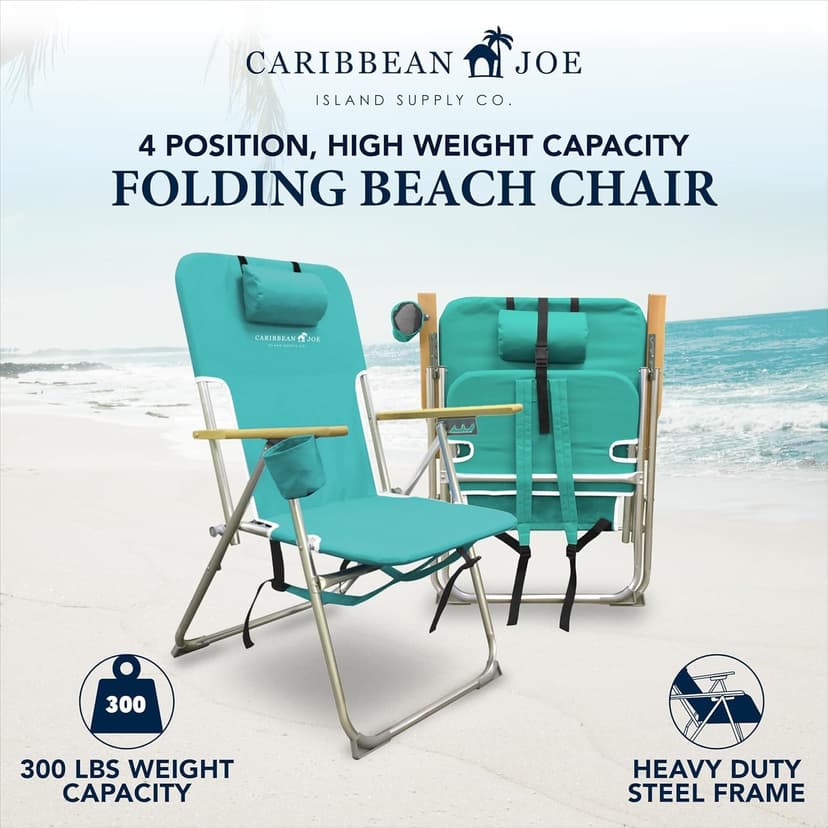 CARIBBEAN JOE Folding Beach Chair, 4 Position Portable Backpack Foldable Camping Chair with Headrest, Cup Holder, and Wooden Armrests