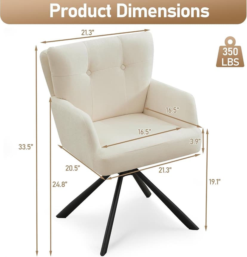 WUTUTUEE Fabric Dining Chair Modern Upholstered Swivel Dining Room Chairs Comfy Accent Armchair with Mid Back, Desk Arm Chair No Wheels for Kitchen/Living Room/Home Office, White