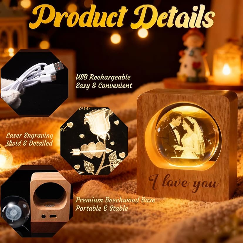 Personalized 3D Photo Crystal Ball, Memorial Gifts, Custom Engraved Picture Lamp with Wood Base, Color Changing Crystal Globe for Pets, Couples, Babies, Parents, Birthdays, Anniversaries(Circle)