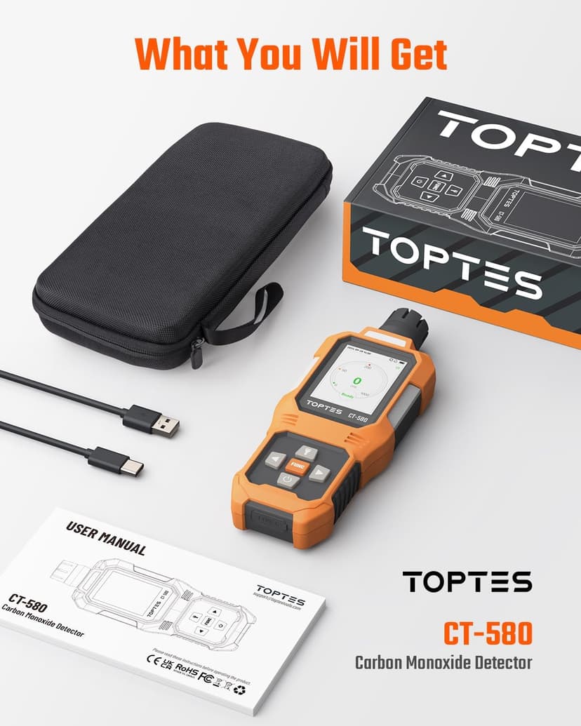 TOPTES CT-580 Portable Carbon Monoxide Detector, Rechargeable CO Detector with Vibration, Visual & Audible Alarms, 0-1000PPM, TFT Color Display for Home, Camping, Travel, Industrial & Professional Use