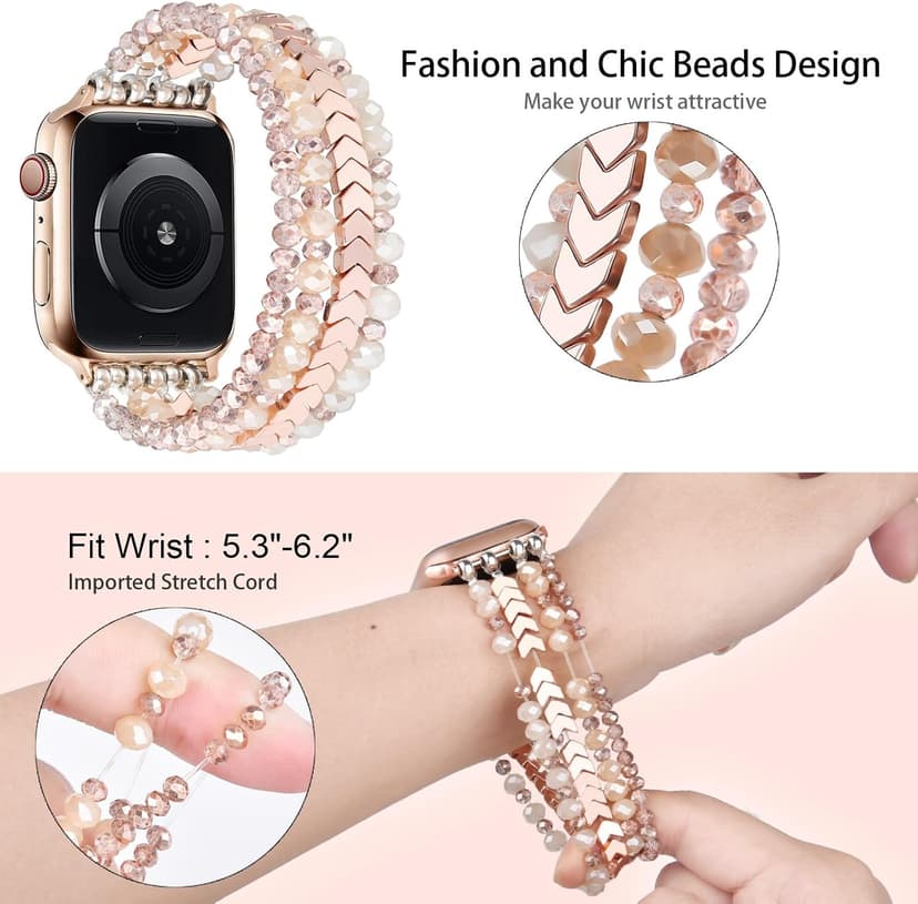 MOFREE Beaded Bracelet Compatible with Apple Watch Band 38mm/40mm/41mm/42mm, Fashion Elastic Stretch Women Bands for iWatch Series 11/10/9/8/7/SE/6/5/4/3/2/1 iPhone Watch Strap Bands Rose Gold