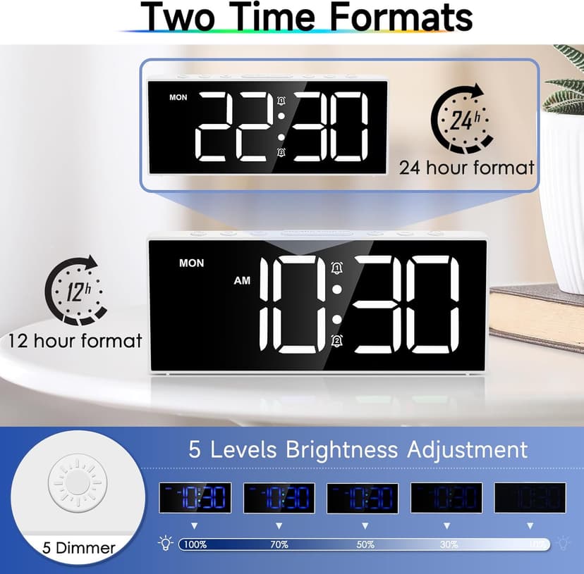 Alarm Clock with Large Display Big Numbers,5 Levels Brightness,Snooze,USB Charging Port,LED and Mirror Desk Clock,Dual Alarms Modern Electronic Clock for Bedroom Home Living Room Office. (White)
