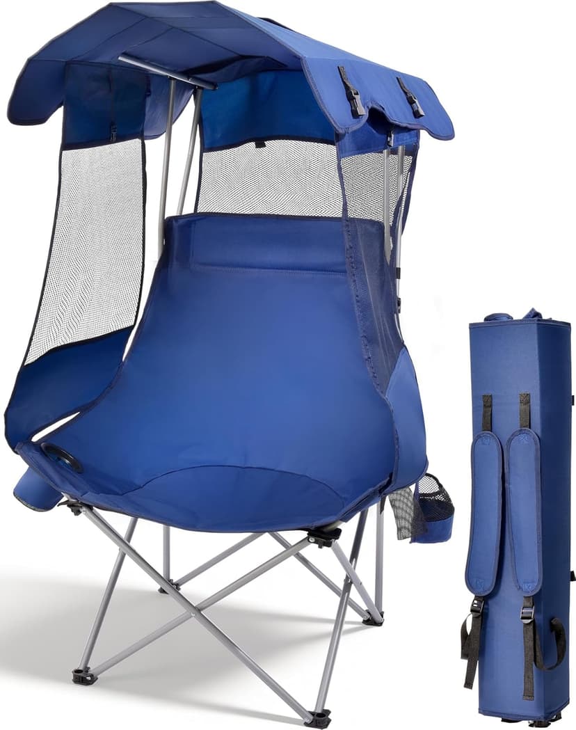 East Oak Oversized Camping Chair with Canopy | 400 LBS Heavy Duty Folding Beach Chair with Canopy Shade, Roomy Seat, Full Sun Protection, Ample Storage | Canopy Chair for Outdoors