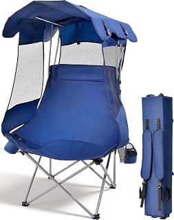 East Oak Oversized Camping Chair with Canopy | 400 LBS Heavy Duty Folding Beach Chair with Canopy Shade, Roomy Seat, Full Sun Protection, Ample Storage | Canopy Chair for Outdoors